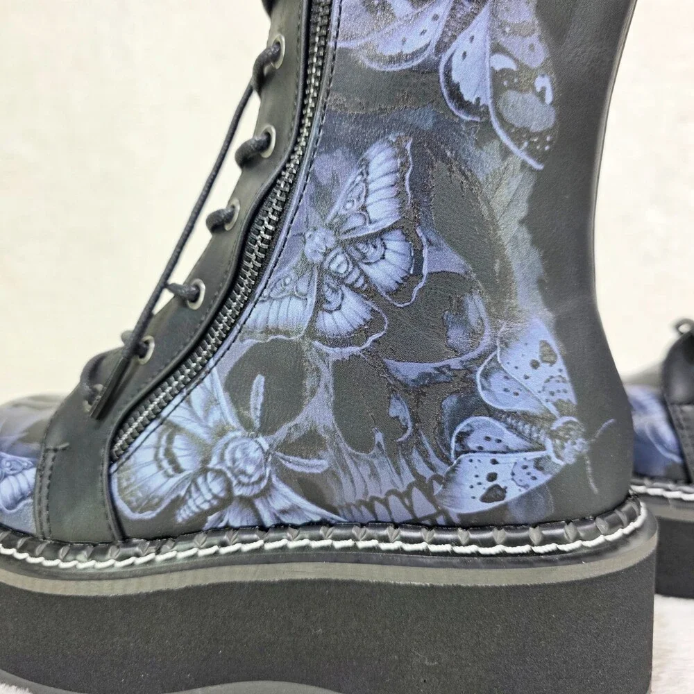NIB NEW DEMONIA Emily Death Moth Skull Graphic Platform Goth Punk Mid Calf Boots - Picture 13 of 16